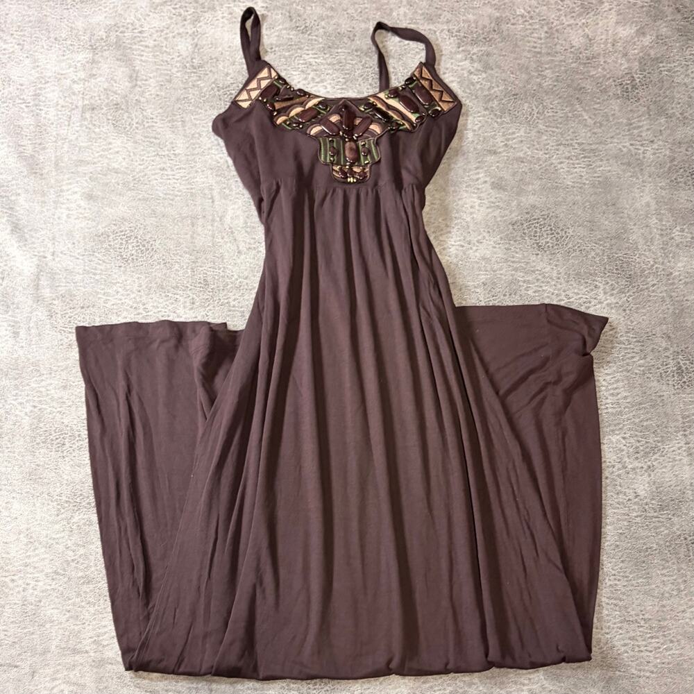 Brown Embellished Ruched Maxi Dress